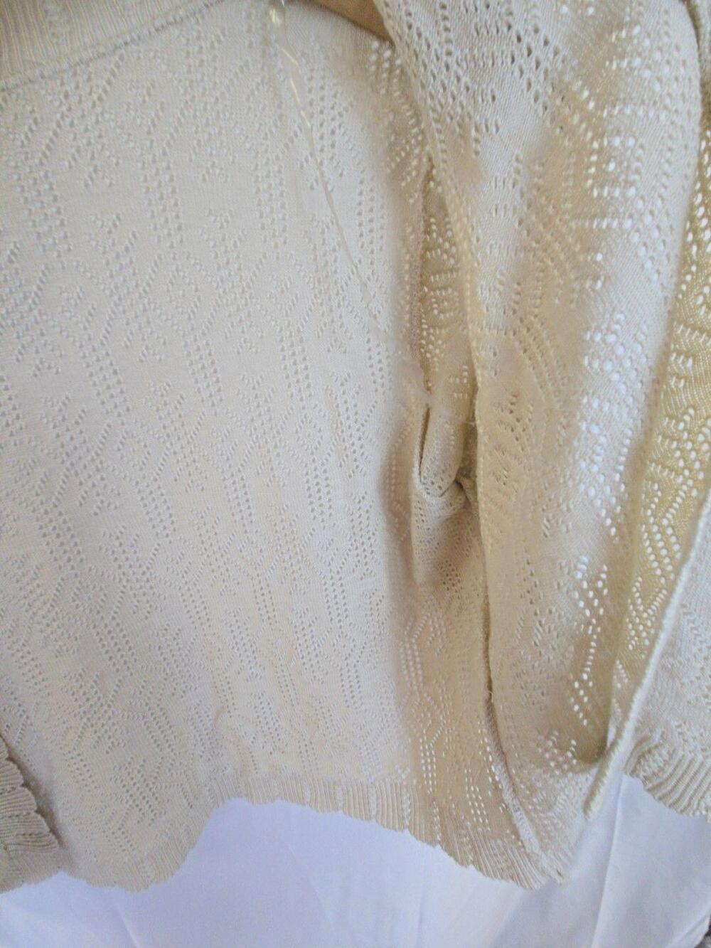 Sweater Cardigan Womens Medium White Open Knit 3/4 Sleeve Shrug Cropped - Picture 9 of 9